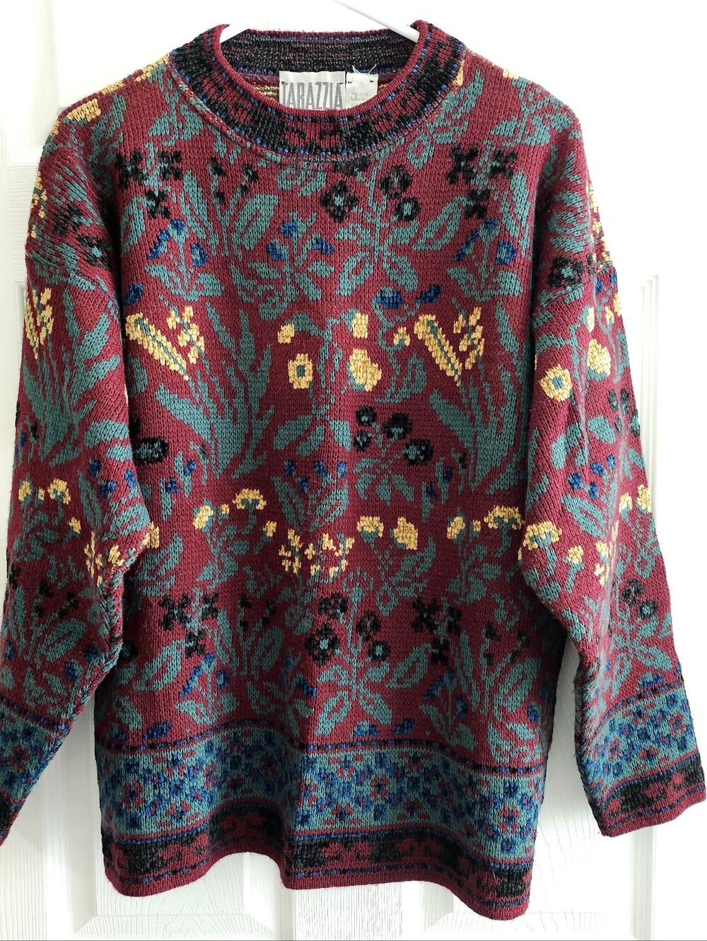Vtg Tarazzia Italy Med Burgandy Teal Yellow Long Sleeve Chenille Floral